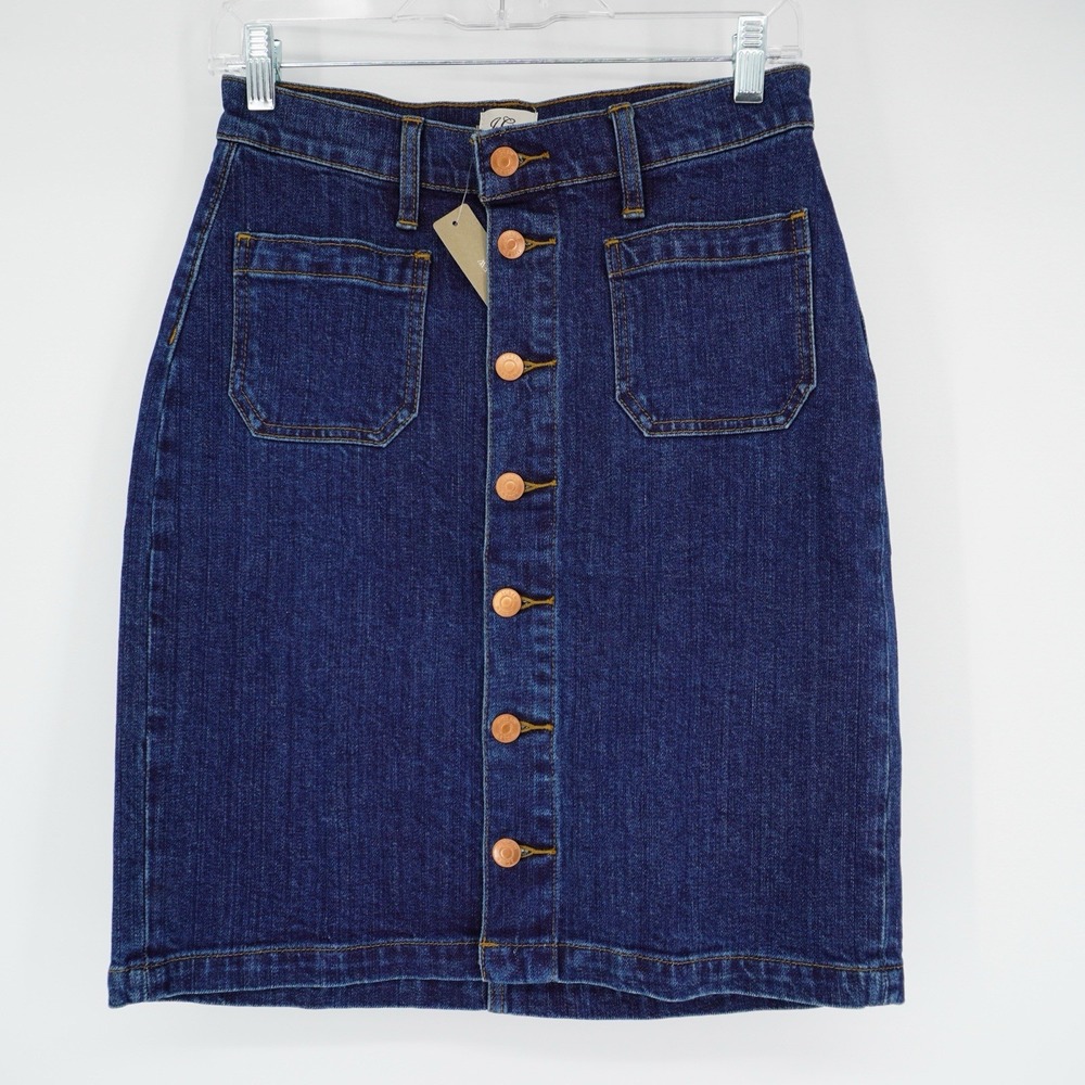 J Crew Denim Pencil Skirt‎ Womens Button Front Blue Dark Jean Casual Size 26 NEW